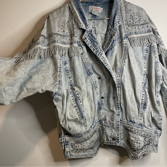 Y2K McBling Cowgirl Rhinestone Fringe 80s Western Studded Denim Jacket sz M L - Picture 9 of 9